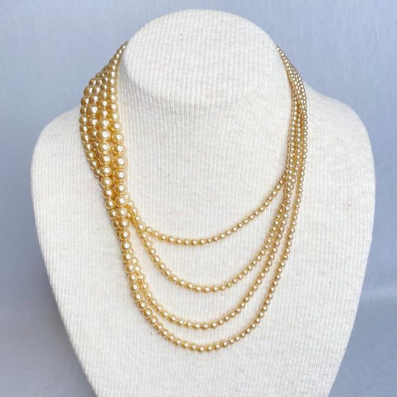 Layered Graduated Necklace Pearlesque Beads With Clear Rhinestones Clasp - Picture 3 of 13